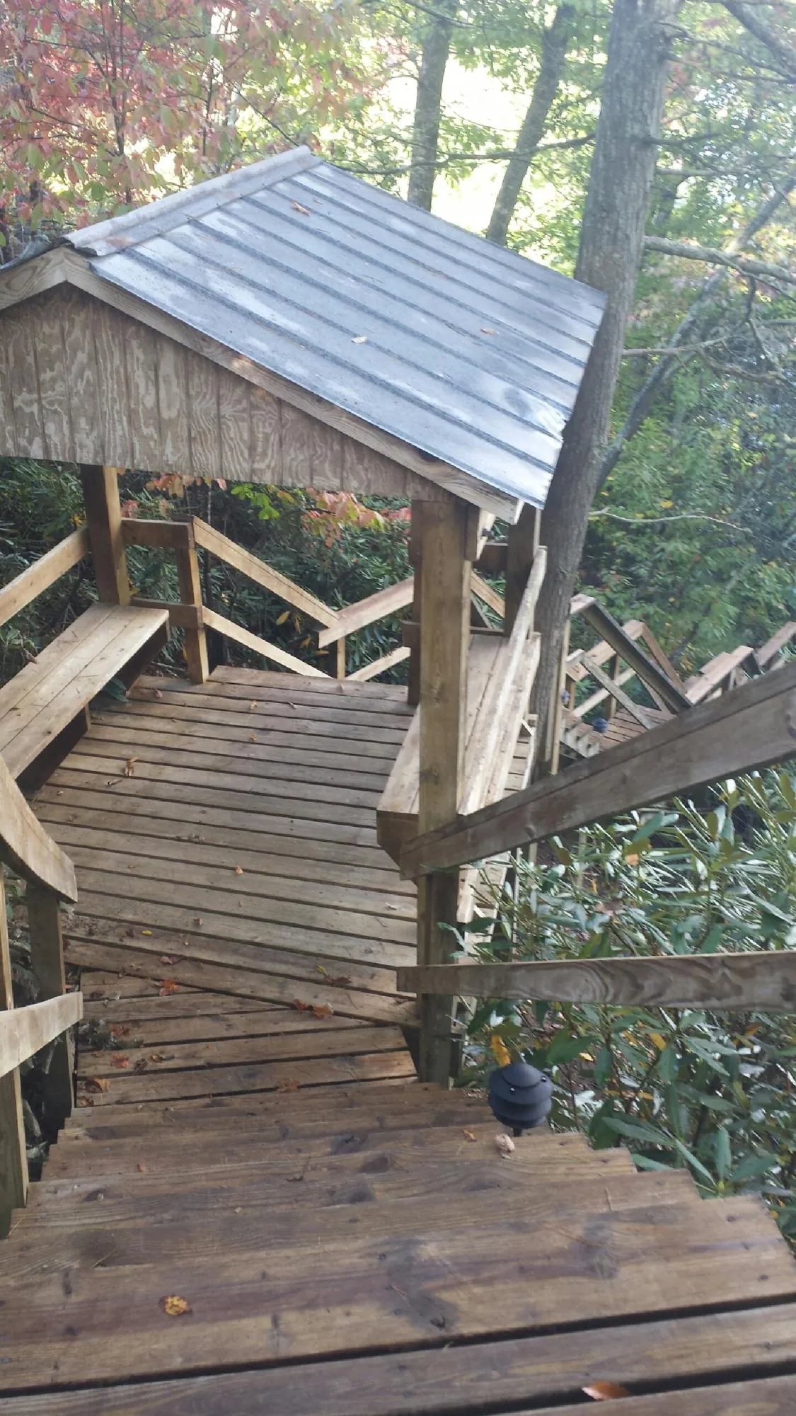 Metal roofed shelter over wooden steps on a wooded walkway — Skylight Repair & Installation work by our crew in Middlesboro